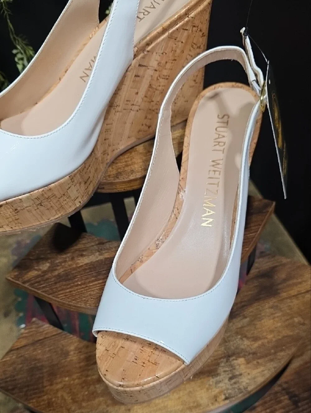 Stuart Weitzman White Cork Wedge Slingback Sandals